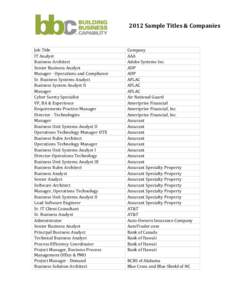 2012	
  Sample	
  Titles	
  &	
  Companies	
   	
   	
     Job	
  Title	
   IT	
  Analyst	
  