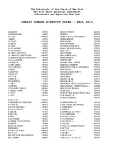 The University of the State of New York New York State Education Department Information and Reporting Services PUBLIC SCHOOL DISTRICT CODES – FALL 2014