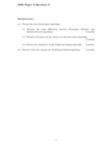 2005 Paper 9 Question 9  Bioinformatics (a) Present the aim of phylogeny algorithms: (i ) Describe the main differences between Parsimony, Likelihood-based algorithms.