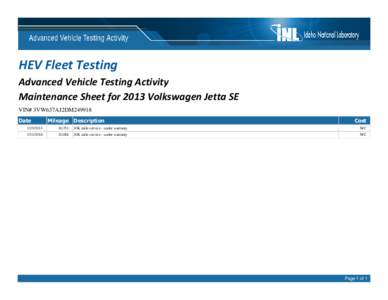 HEV Fleet Testing Advanced Vehicle Testing Activity Maintenance Sheet for 2013 Volkswagen Jetta SE VIN# 3VW637AJ2DM249918 Date
