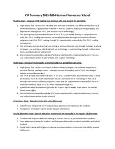 CIP Summary[removed]Hayden Elementary School Reading Goal – Increase STAR reading by a minimum of 1 year growth for each child. 1. High quality Tier 1 instruction (develop units with new standards, use differentiated