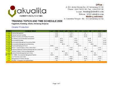 TRAINING TOPICS AND TIME SCHEDULE 2009 Yogyakarta, Bandung, Jakarta, Semarang, Denpasar Cleaner Production CODE