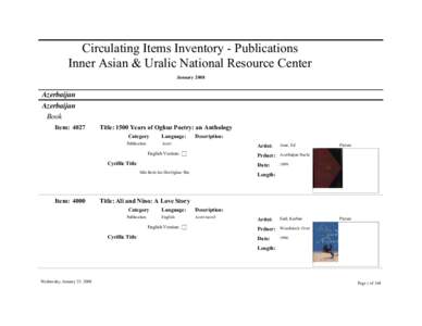 Circulating Items Inventory - Publications Inner Asian & Uralic National Resource Center January 2008 Azerbaijan Azerbaijan