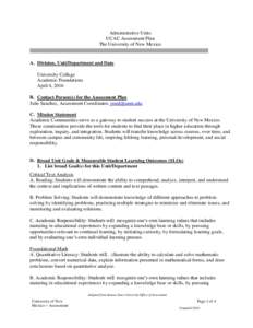 Administrative Units UCAC Assessment Plan The University of New Mexico A. Division, Unit/Department and Date University College