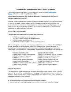 Transfer Guide Leading to a Bachelor’s Degree in Spanish All degree requirements are subject to the provisions and notices in the NIU Undergraduate Catalog. Information is valid through NovemberCourses Highly Re