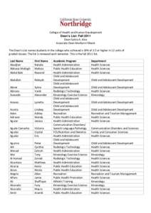 College of Health and Human Development Dean’s List: Fall 2011 Dean Sylvia A. Alva Associate Dean Marilynn Filbeck The Dean’s List names students in the college who achieved a GPA of 3.5 or higher in 12 units of grad