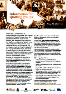 Information for sporting groups ANZAC Day is a national day of remembrance in Australia and New Zealand that commemorates Australians and New