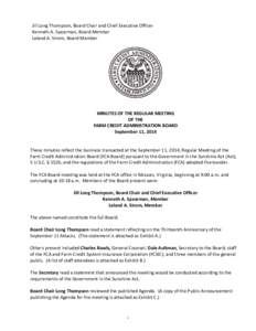 Minutes of the Regular Meeting of the Farm Credit Administration Board September 11, 2014