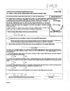 FORMCIQ  CONFLICT OF INTEREST QUESTIONNAIRE For vendor or other person doing business with loealgovernmental entity Thle questionnaire ntfiects changes made to the law by H.B. 1491, 80th Leg., Regular Session.