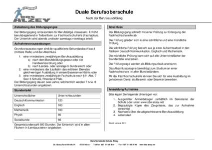 Duale Berufsoberschule Nach der Berufsausbildung Zielsetzung des Bildungsganges Abschluss