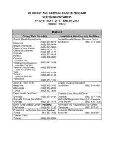 MS BREAST AND CERVICAL CANCER PROGRAM SCREENING PROVIDERS FY 2013: JULY 1, 2012 – JUNE 30, 2013 Updated: [removed]