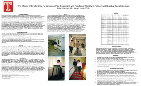 The Effects of Single Dose Ketamine on Pain Symptoms and Functional Mobility in Patients with Lumbar Spinal Stenosis Robert Friedman M.D., Margery Lockard Ph.D. Need for the Study Lumbar spinal stenosis is a condition in