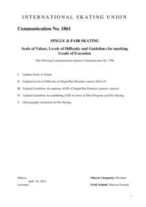 INTERNATIONAL SKATING UNION Communication No[removed]SINGLE & PAIR SKATING Scale of Values, Levels of Difficulty and Guidelines for marking Grade of Execution The following Communication replaces Communication No. 1790