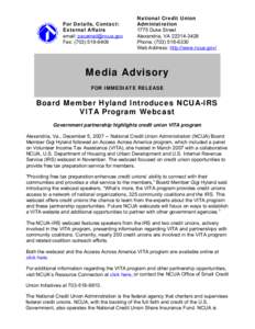 Media Advisory - Board Member Hyland Introduces NCUA-IRS VITA Program Webcast