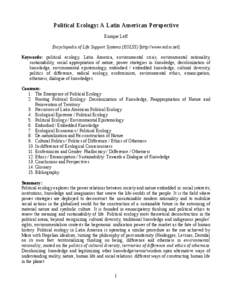 Political Ecology: A Latin American Perspective Enrique Leff Encyclopedia of Life Support Systems (EOLSS) [http://www.eolss.net]