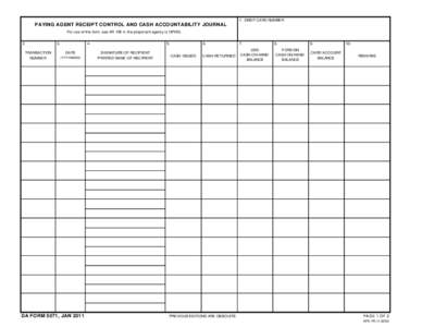 1. DEBIT CARD NUMBER  PAYING AGENT RECEIPT CONTROL AND CASH ACCOUNTABILITY JOURNAL For use of this form, see AR 195-4; the proponent agency is OPMG. 2. TRANSACTION