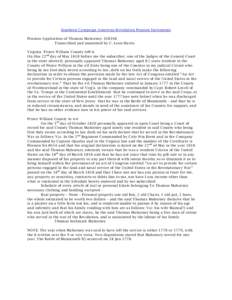 Southern Campaign American Revolution Pension Statements Pension Application of Thomas Mahorney: S38166 Transcribed and annotated by C. Leon Harris Virginia Prince William County toWit. On this 22 nd day of May 1818 befo