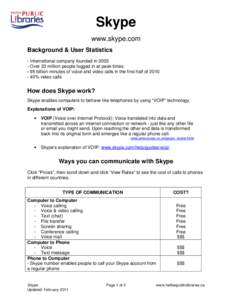 Skype www.skype.com Background & User Statistics - International company founded in[removed]Over 23 million people logged in at peak times - 95 billion minutes of voice and video calls in the first half of 2010