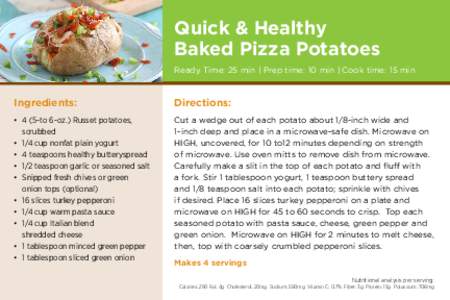 Quick & Healthy Baked Pizza Potatoes Ready Time: 25 min | Prep time: 10 min | Cook time: 15 min Ingredients: