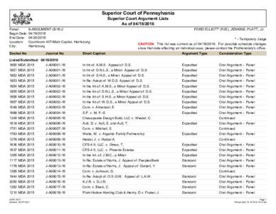 Superior Court of Pennsylvania Superior Court Argument Lists As ofPanel: Begin Date: End Date: