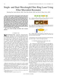 1644  IEEE PHOTONICS TECHNOLOGY LETTERS, VOL. 22, NO. 22, NOVEMBER 15, 2010 Single- and Dual-Wavelength Fiber Ring Laser Using Fiber Microdisk Resonator