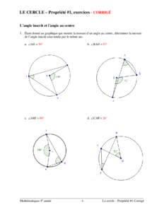 LE CERCLE – Propriété #1, exercices - CORRIGÉ L’angle inscrit et l’angle au centre 1. Étant donné un graphique qui montre la mesure d’un angle au centre, déterminer la mesure de l’angle inscrit sous-tendu