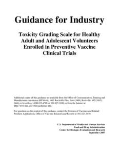 Guidance for Industry Toxicity Grading Scale for Healthy Adult and Adolescent Volunteers Enrolled in Preventive Vaccine Clinical Trials
