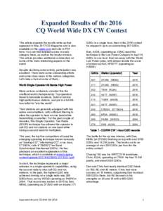 Expanded Results of the 2016 CQ World Wide DX CW Contest This article expands the results write-up that appeared in May 2017 CQ Magazine and is also available on the cqww.com web site in PDF form. You can find detailed s