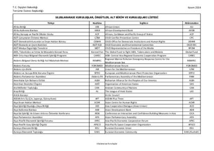 T.C. Dışişleri Bakanlığı Tercüme Dairesi Başkanlığı Kasım 2014 ULUSLARARASI KURULUŞLAR, ÖRGÜTLER, ALT BİRİM VE KURULUŞLARI LİSTESİ Türkçe