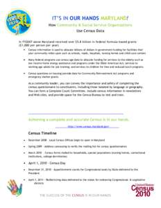 IT’S IN OUR HANDS MARYLAND! How Community & Social Service Organizations Use Census Data In FY2007 alone Maryland received over $5.8 billion in federal formula -based grants ($1,000 per person per year) Census informat