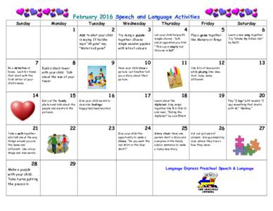 February 2016 Speech and Language Activities Sunday Monday  Tuesday