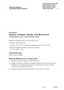 Relevant affiliations of the Bank Council members Shelby R. du Pasquier, Member of the Bank Council Initial election 2012, current election 2016 Shelby R. du Pasquier, Geneva, born 1960, Swiss citizen