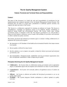 The Air Quality Management System Federal, Provincial and Territorial Roles and Responsibilities Context The intent of this document is to clarify the roles and responsibilities of jurisdictions for the implementation an