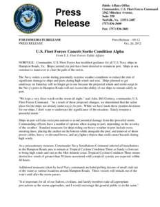 Press Release Public Affairs Office Commander, U.S. Fleet Forces Command 1562 Mitscher Avenue,