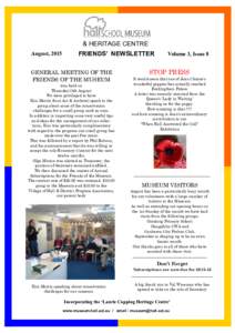 & HERITAGE CENTRE August, 2015 FRIENDS’ NEWSLETTER  GENERAL MEETING OF THE