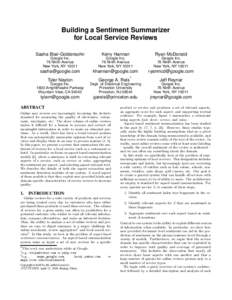 Building a Sentiment Summarizer for Local Service Reviews Sasha Blair-Goldensohn Kerry Hannan