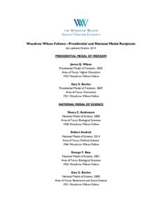 Woodrow Wilson Fellows—Presidential and National Medal Recipients last updated October 2014 PRESIDENTIAL MEDAL OF FREEDOM James Q. Wilson Presidential Medal of Freedom, 2003 Area of Focus: Higher Education