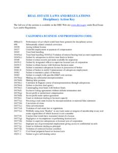 REAL ESTATE LAWS AND REGULATIONS Disciplinary Action Key The full text of the sections is available on the DRE Web site www.dre.ca.gov under Real Estate Law and/or Regulations.  CALIFORNIA BUSINESS AND PROFESSIONS CODE: