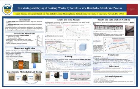 Dewatering and Drying of Sanitary Wastes by Novel Use of a Breathable Membrane Process Shray Saxena, Dr. Steven Dentel, Dr. Paul Imhoff, Solmaz Marzooghi and Babak Ebrazi, University of Delaware, Newark, DE, 19716 Introd