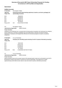 Summary of Successful ARC Future Fellowships Proposals for Funding to Commence in 2010 by State and Organisation Queensland Griffith University FT100100143