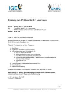 Einladung zum OV-Abend bei G11 Leverkusen  Datum: Ort:  Freitag, den 17. Januar 2014