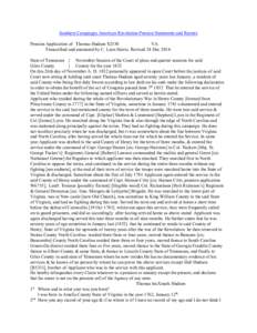 Southern Campaigns American Revolution Pension Statements and Rosters Pension Application of Thomas Hudson S2330 VA Transcribed and annotated by C. Leon Harris. Revised 24 Dec[removed]State of Tennessee } November Session 