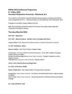 BCPSA 2014 Conference Programme[removed]May, 2014 Kwantlen Polytechnic University - Richmond, B.C.