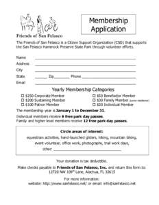 Membership Application The Friends of San Felasco is a Citizen Support Organization (CSO) that supports the San Felasco Hammock Preserve State Park through volunteer efforts. Name Address