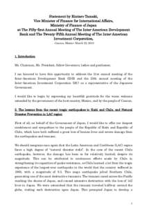 Statement by Rintaro Tamaki, Vice Minister of Finance for International Affairs, Ministry of Finance of Japan at The Fifty-first Annual Meeting of The Inter-American Development Bank and The Twenty-Fifth Annual Meeting o