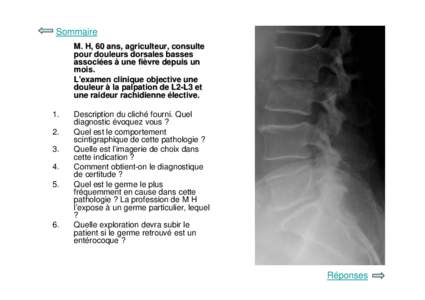 Sommaire M. H, 60 ans, agriculteur, consulte pour douleurs dorsales basses associées à une fièvre depuis un mois. L’examen clinique objective une
