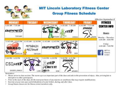 MIT Lincoln Laboratory Fitness Center Group Fitness Schedule Effective September 8 MONDAY