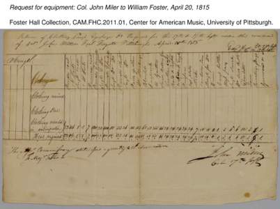 Request for equipment: Col. John Miler to William Foster, April 20, 1815 Foster Hall Collection, CAM.FHC[removed], Center for American Music, University of Pittsburgh. Request for equipment: Col. John Miler to William Fo