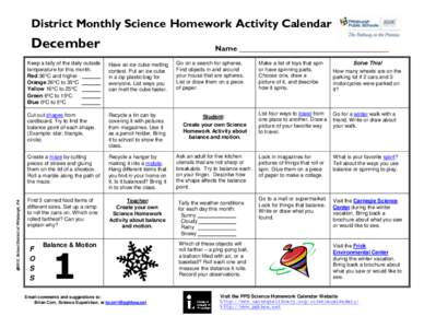 District Monthly Science Homework Activity Calendar  2012, School District of Pittsburgh, PA December