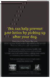 You can help prevent poo-lution by picking up after your dog. Every day in the Tampa Bay area, about 125 tons of pet waste is deposited on the ground. That can add up to a pile of problems.